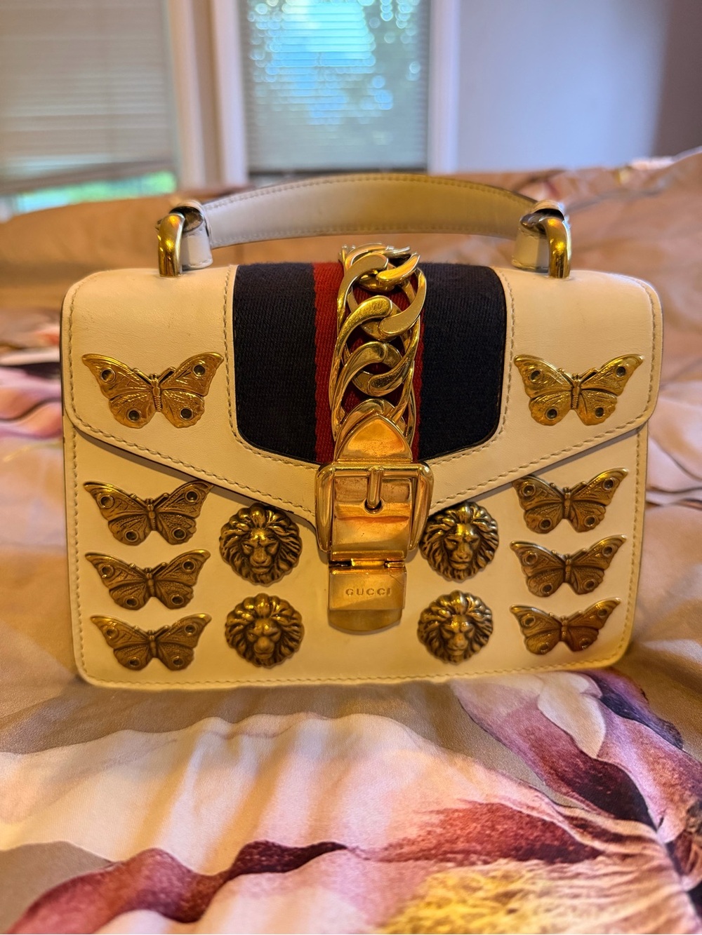 Gucci Sylvie Mini Top Handle Bag with butterfly and lion head